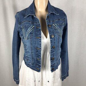 Djeans Size 7/8 Fitted Bedazzled Jean Jacket With Pockets,Buttons. Preloved
